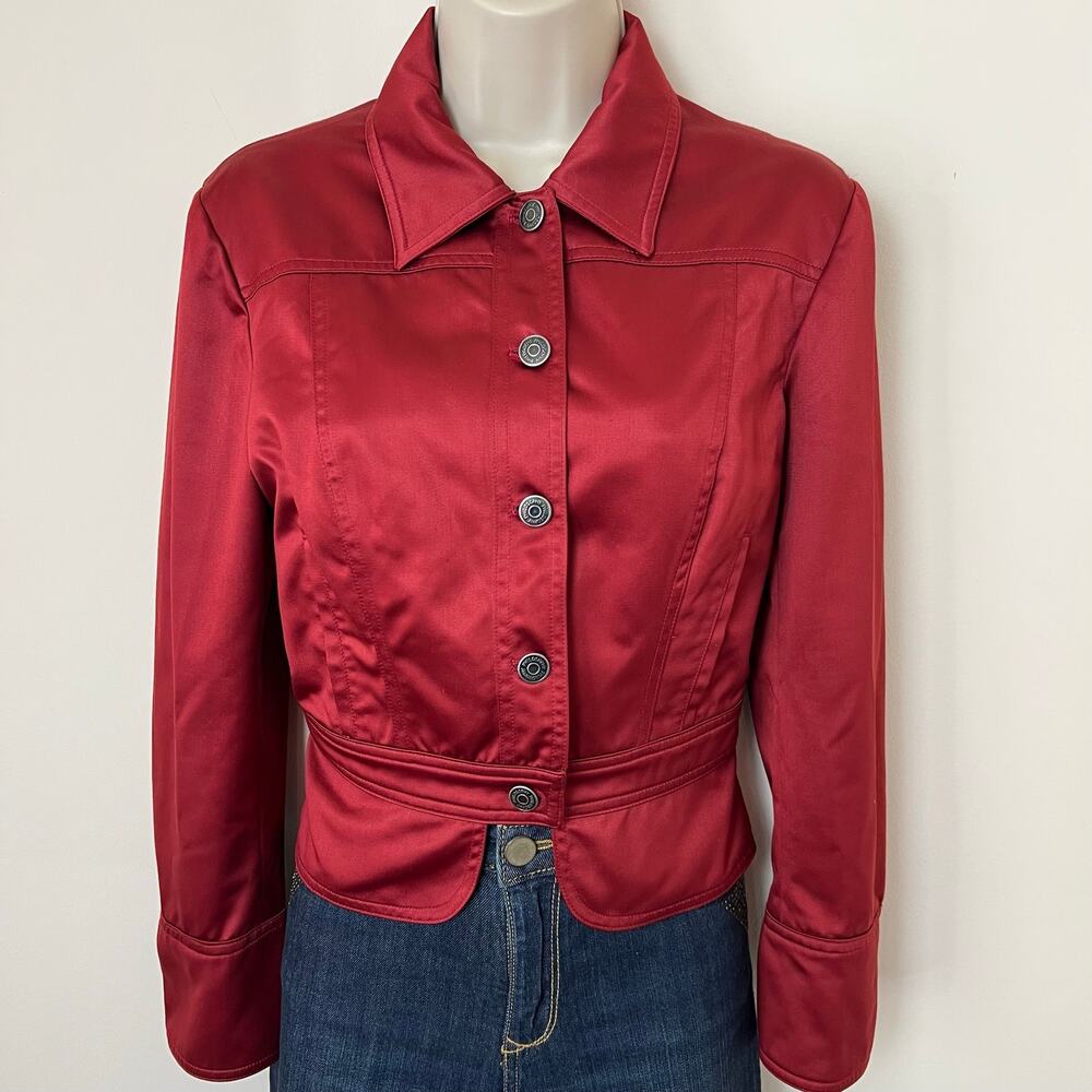 Philosophy di Alberta Ferretti Cropped Red Satin Collared Jacket Medium 8